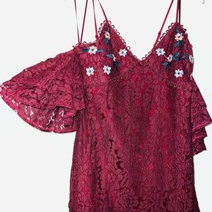Lulumari burgundy dress with floral detail. Never worn, tags attached!